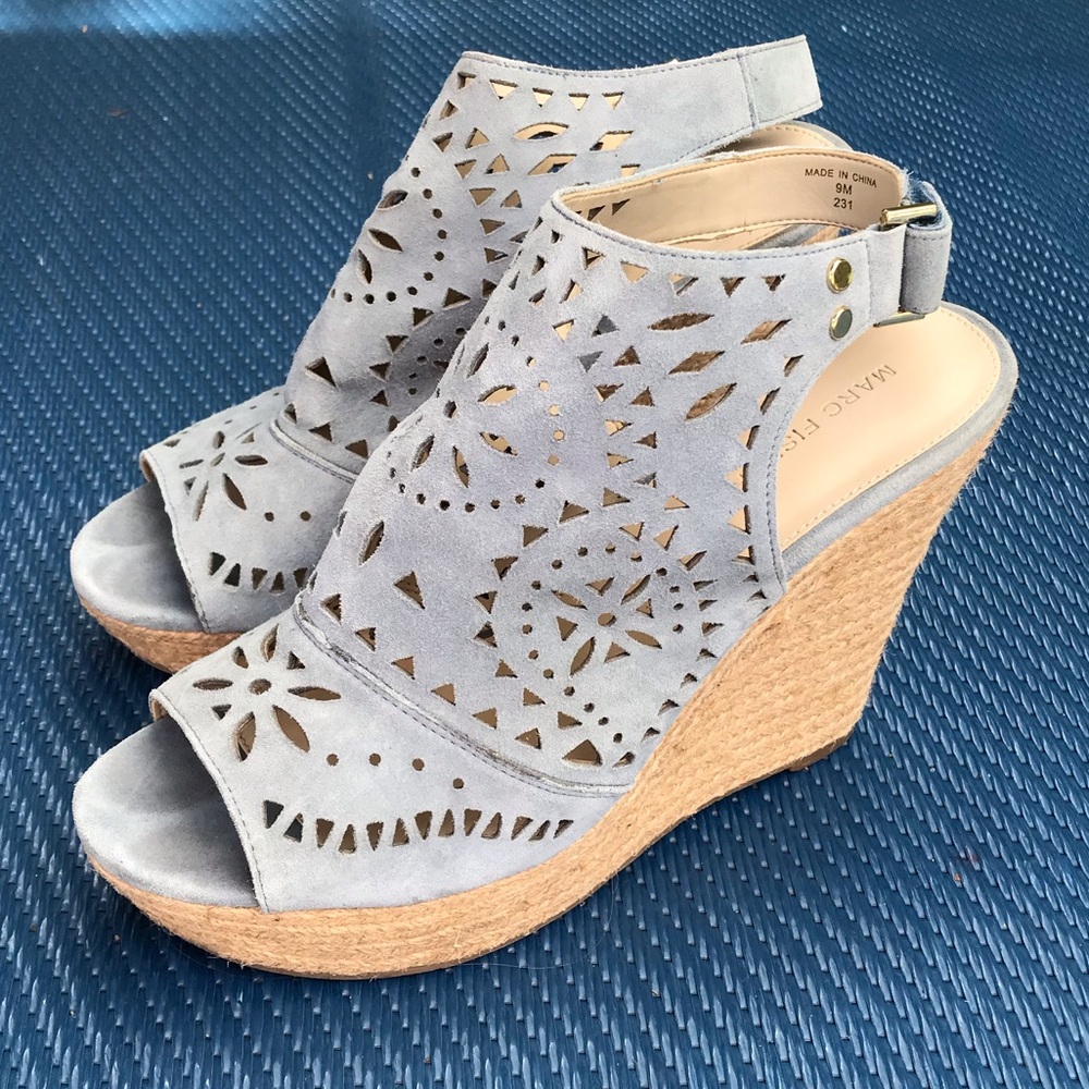 Marc Fisher Blue Perforated Suede Wedge Sandals 9